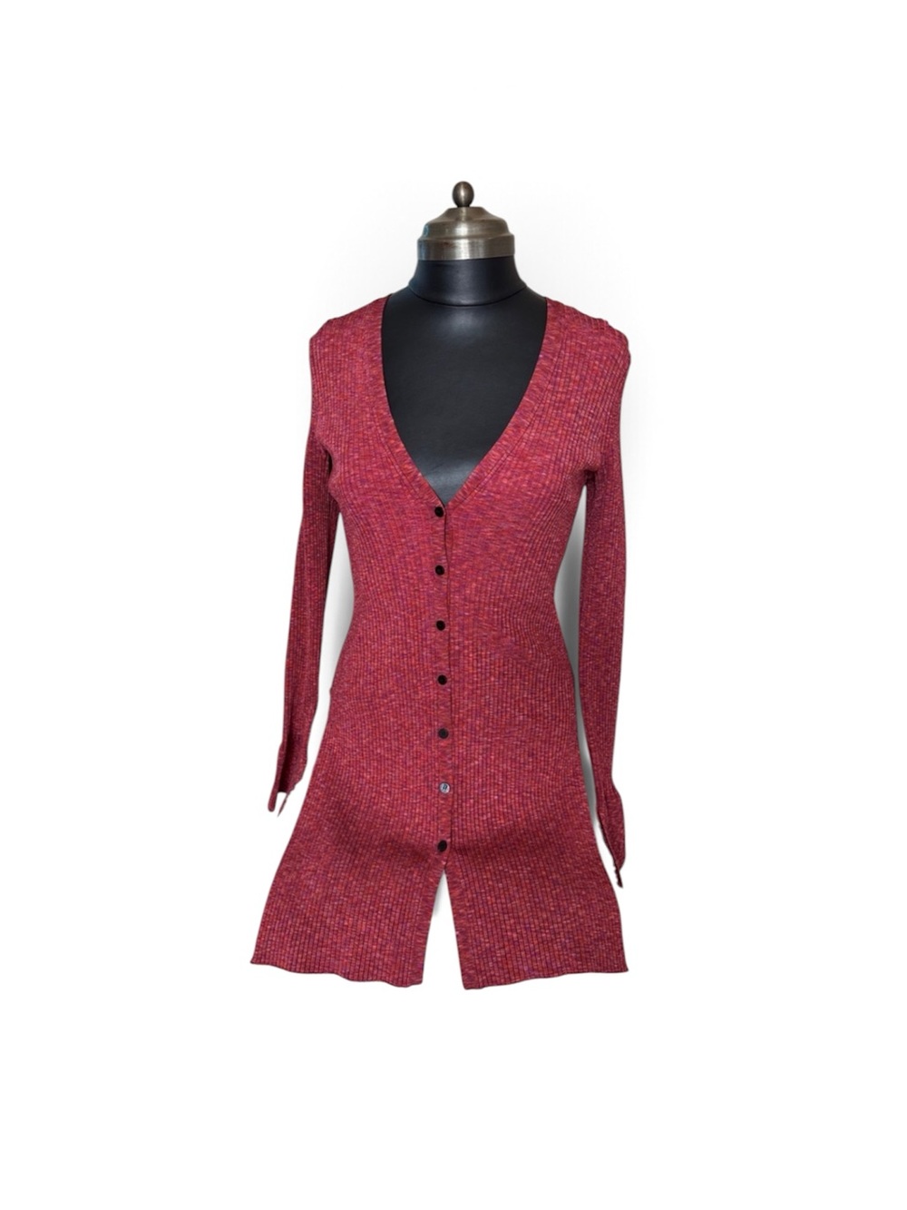 Theory Long Ribbed V-Neck Button-Front Sweater Dress - Red